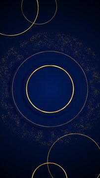 Layered cobalt discs, golden contours, fine point textures form a polished circular design with central copy space. Designed for corporate openers, announcements, product displays, and upscale promos.