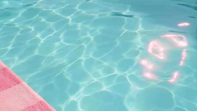Summer hot vibe lifestyle. A closeup of a swimming pools surface shows the ripples of the water. The water is a vibrant turquoise, reflecting the surrounding light and creating a shimmering effect.