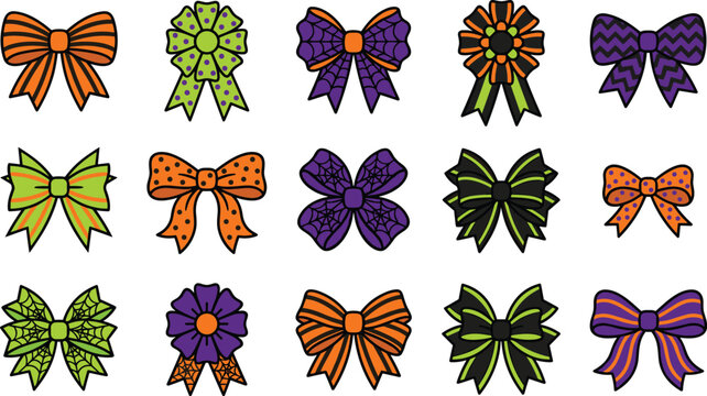 Spooky Halloween Ribbon Bow Vector Set Featuring Purple Orange and Green Knots Rosettes Dots and Chevron Patterns for Holiday Present Packaging Graphic Designs
