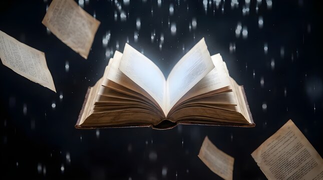 Magical Floating Open Book with Flying Pages and Glowing Rain Background