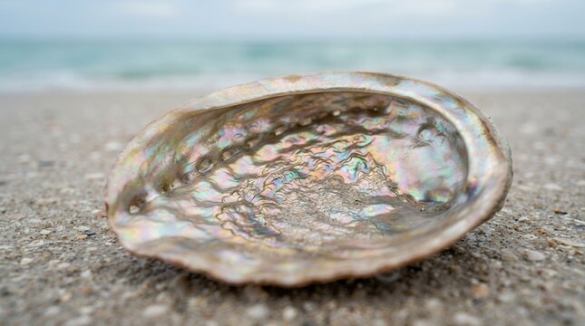 Close-up of a beautiful iridescent abalone shell on a sandy beach with the ocean in the background.