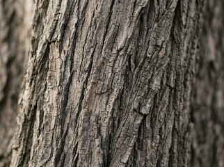 Naklejka premium Close-up texture of rough tree bark with deep vertical grooves and natural patterns.