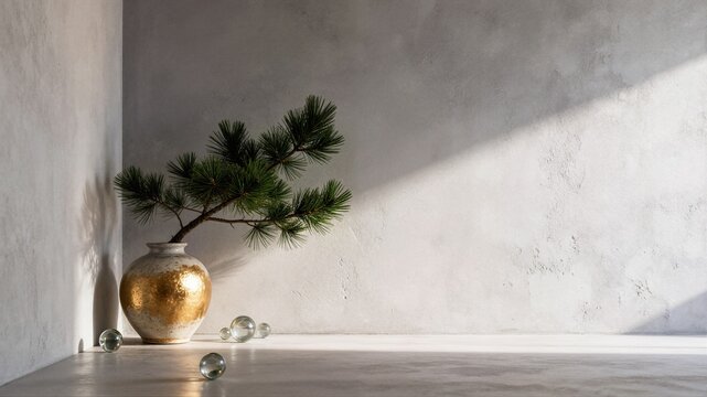 Minimalist ceramic vase with pine branch and glass spheres on concrete background ideal for luxury interior product display template