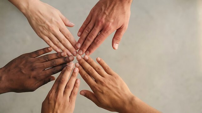 Multiethnic group of hands reaching together in unity