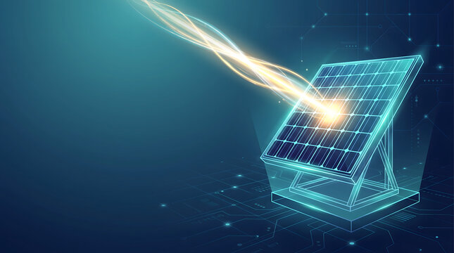 3D holographic solar panel with photovoltaic cells and mounting structure representing renewable energy technology solutions