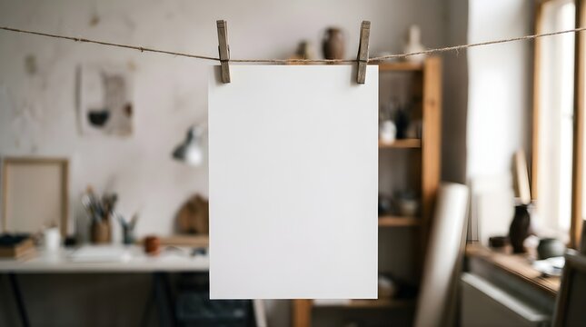 Blank white paper hanging on a rustic twine string in an art studio