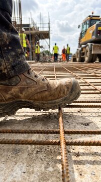 Construction worker wearing heavy duty safety boot standing on steel rebar grid at building foundation site with machinery