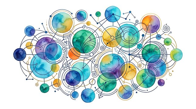 Abstract watercolor network with interconnected circles and lines