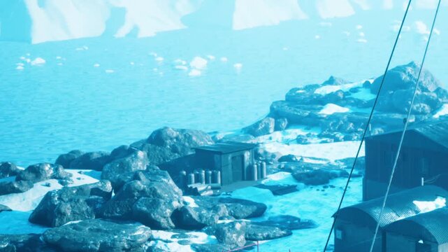 Rocks and water are seen near a research station in a cold area. Icebergs float in the water. Equipment is visible as workers conduct tasks nearby.