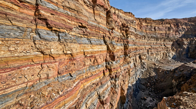 Sedimentary rock layers in a deep canyon, colorful geological strata of a mountain cliff, natural earth texture and mineral deposits in desert landscape