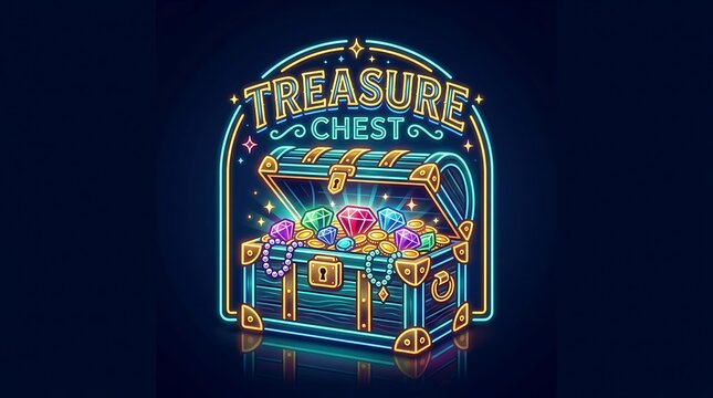 Neon treasure chest sign glowing with gems and gold coins