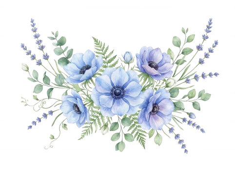 Blue floral bouquet with anemone and lavender on transparent background