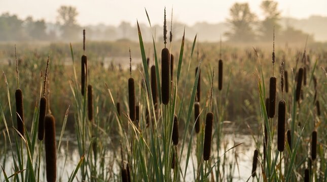 Misty Morning Swamp with Cattails and Reeds.