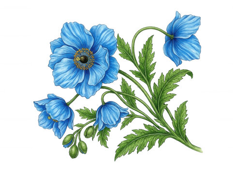 Blue poppy flower cluster illustration isolated on transparent background