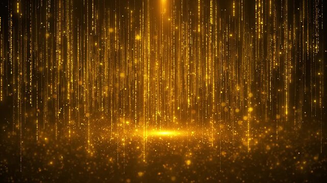 Golden particle rain falls in long luminous streaks above an amber horizon, creating rich cinematic depth. for award scenes, luxury promos, festive titles, wedding videos, gala intros, and overlays.