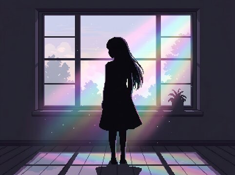 Woman Silhouette in Rainbow Window Light &ndash; Iridescent Pixel Art Illustration