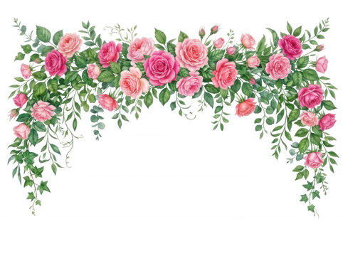 Watercolor rose garland hanging isolated on a transparent background