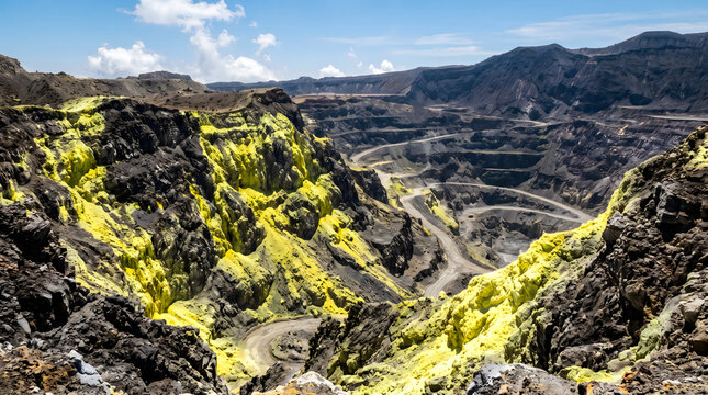 Sulfur deposits on volcanic rock in open pit mine, yellow mineral extraction site, industrial sulfur mining landscape with winding roads