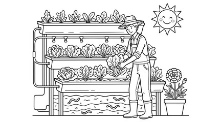 Fototapeta premium Farmer Tending Vertical Hydroponic Garden with Leafy Greens and Worms, Smiling Sun Illustration, Black and White Line Art Vector