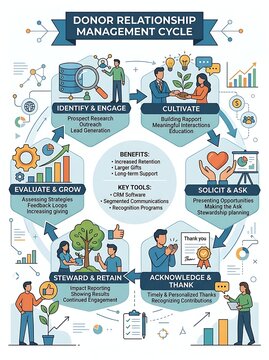 Donor relationship management cycle infographic showing fundraising steps