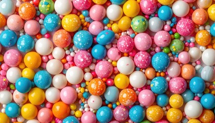 Fototapeta premium Colorful sprinkles with various sizes and polka dots spread across a flat surface, forming a cheerful mosaic