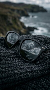 Sunglasses resting on a textured surface with a blurred coastal background.