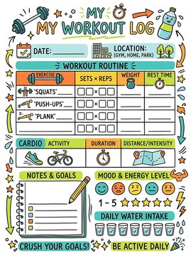Colorful fitness workout log tracker template with doodle icons