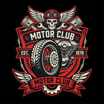 Vintage motorcycle club emblem featuring a skull and engine parts