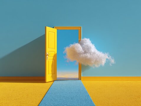 Surreal image of a yellow doorway on a blue wall. A fluffy cloud floats through it onto a blue carpeted pathway