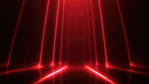 Symmetrical abstract image featuring glowing red lines converging towards a central vanishing point. Dark background, reflections