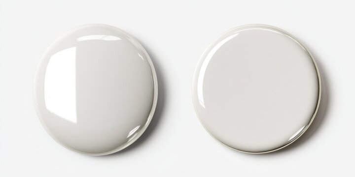Two off-white, glossy, circular objects sit on a bright white surface, one with a prominent reflection