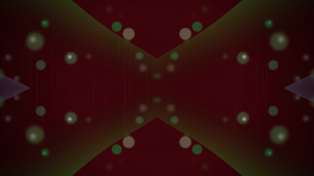 Symmetrical green glowing bokeh particles float across a deep red background with soft light effects and subtle curves.