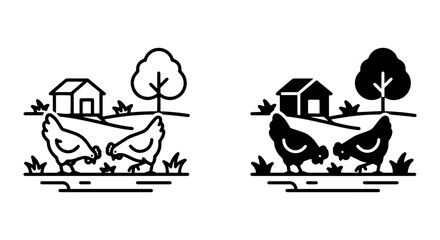 Farm Scene Vector Icons: Two Chickens, House, Tree, Landscape. Outline & Solid Fill Styles. © oshim