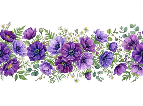 Border of purple anemone flowers isolated on transparent background