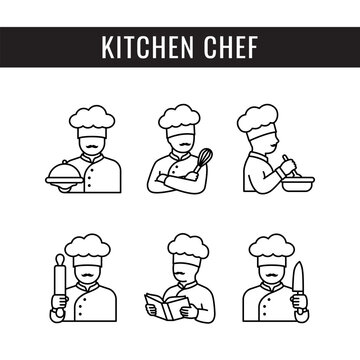 Set of Cook logo, line icon. chef with hat and black mustache vector illustration. Sign of male baker or cooker.