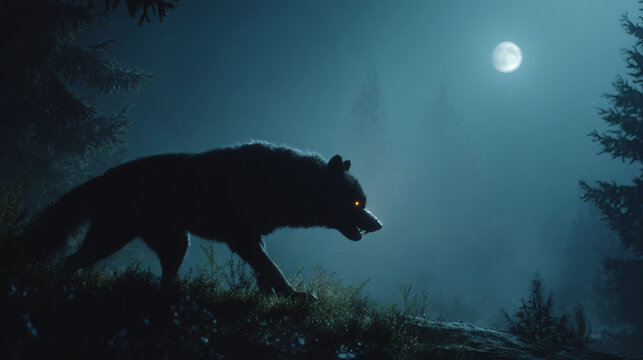 Silhouette of a lone wolf walking under a full moon at night.