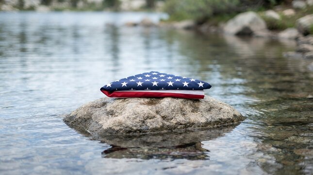 American Flag Pillow Resting on Rock in Gentle Water Flow.
