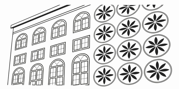 Black and white line of a building facade with arched windows next to a pattern of circular floral geometric shapes