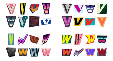 Letter V and W collage PNG overlay. Retro typography alphabet set on transparent background. © Mavric