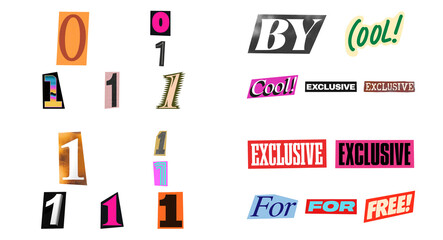 Magazine cutout letters and words PNG overlay. Ransom note style typography elements. © Mavric