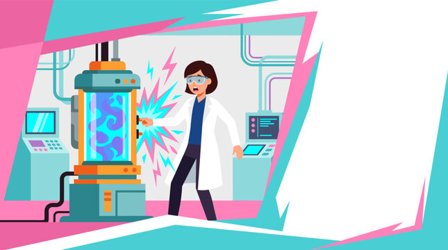 Flat design graphic of a shocked female scientist experiencing an electrical laboratory experiment accident with copy space
