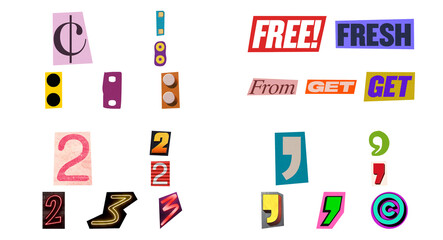 Magazine cutout letters and words PNG overlay. Ransom note style typography elements on transparent background. © Mavric