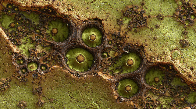 Abstract green and brown organic fractal pattern resembling alien landscapes or microscopic cellular structures