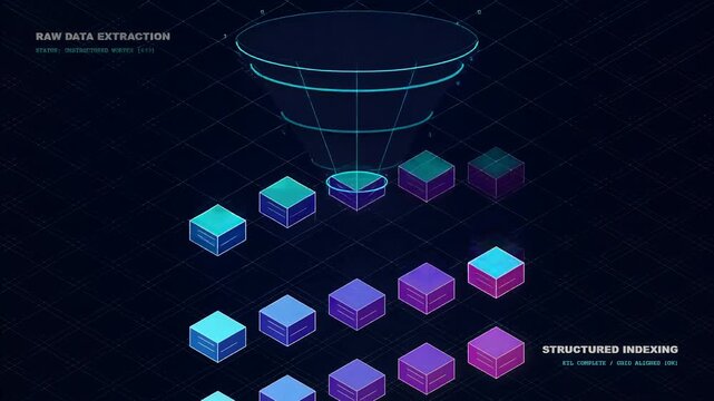 Futuristic data extraction and structured indexing motion graphic