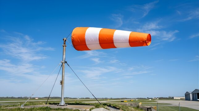 Orange and white windsock blowing in the wind at an airport runway