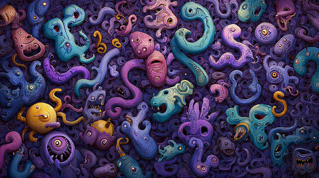Abstract background with weird colorful monsters and aliens pattern
