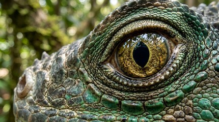 Fototapeta premium Iguana eye close-up, detailed reptile scales, jungle background macro shot