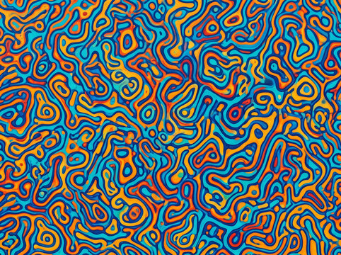 Close-up mandarinfish skin pattern with vivid blue, turquoise, orange and yellow organic markings, creating a vibrant tropical marine texture for backgrounds and design.