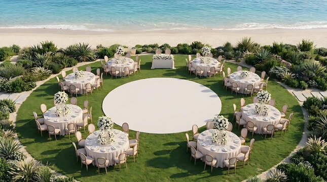 A beautiful oceanfront wedding layout featuring elegant round guest tables with floral centerpieces arranged around a central white dance floor on a lawn.