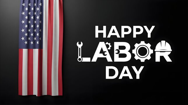 Happy labor day greeting card with united states flag and industrial tools on a dark background